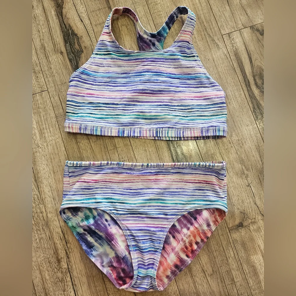 Athleta Girl High Tide Reversible Bikini XXL/16 Tie Dye And Striped - Picture 1 of 7
